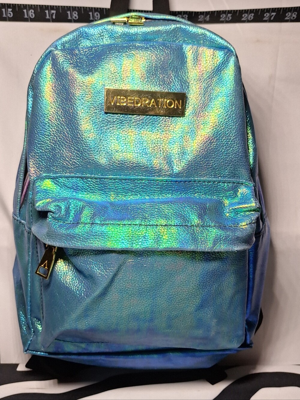 Vibedration Hydration Backpack w/o bladder, Green-Blue w/Gold, Faux Leather